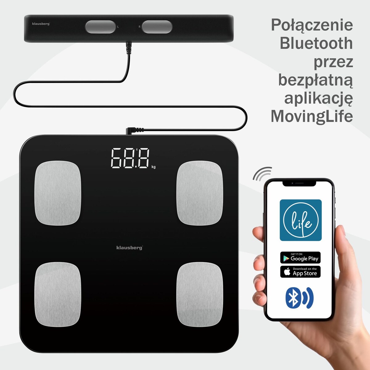 Waga łazienkowa z pomiarem tkanki tłuszczowej i składu ciała, Smart, BT,  KLAUSBERG czarna