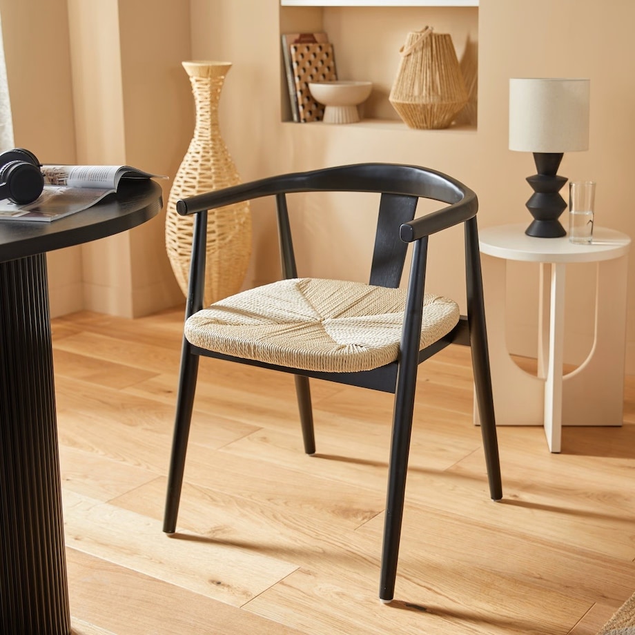 Krzesło z drewna bukowego z plecionkowym siedziskiem Yamoto czarne