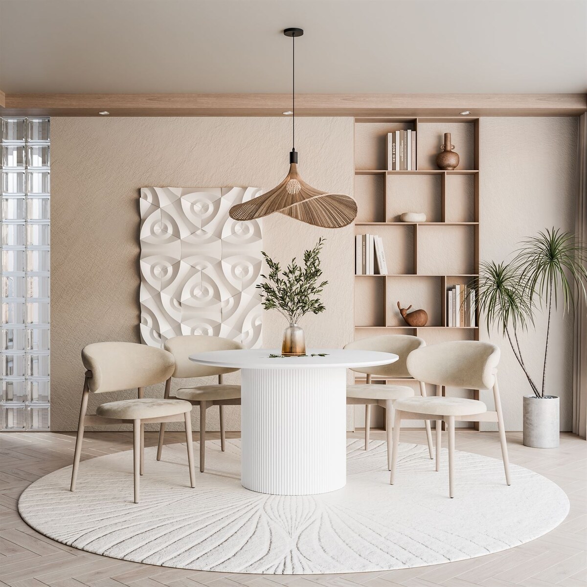 Okrągły stół do jadalni OVI z ryflowaną podstawą, biały