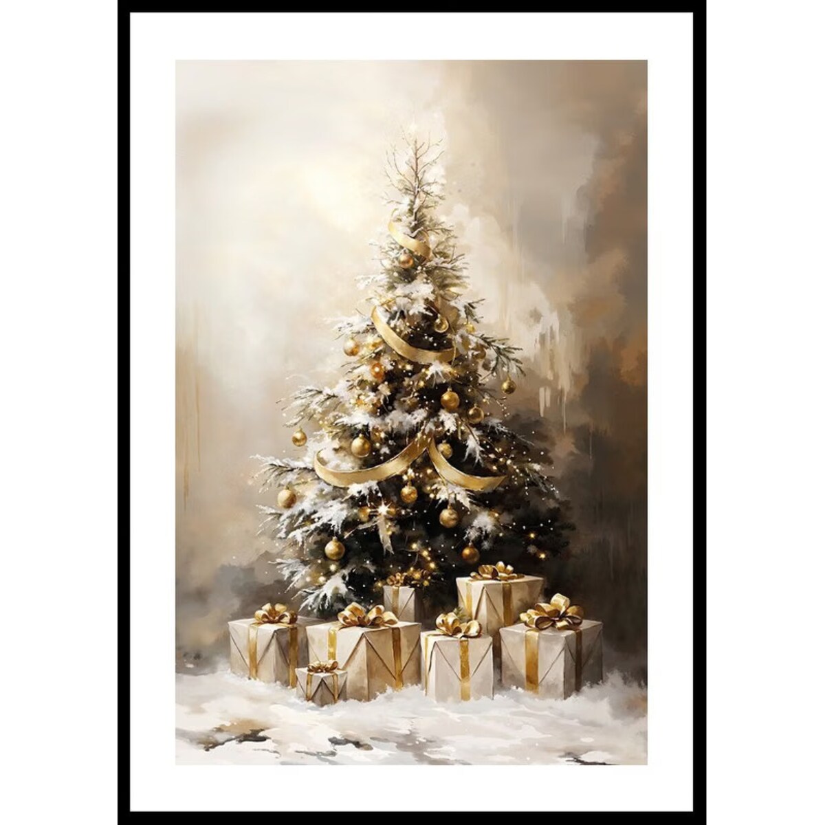 Poster Story, Plakat, Obraz - Złota Choinka Pokryta Śniegiem, wymiary 42 x 60 cm