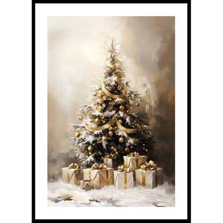 Poster Story, Plakat, Obraz - Złota Choinka Pokryta Śniegiem, wymiary 42 x 60 cm