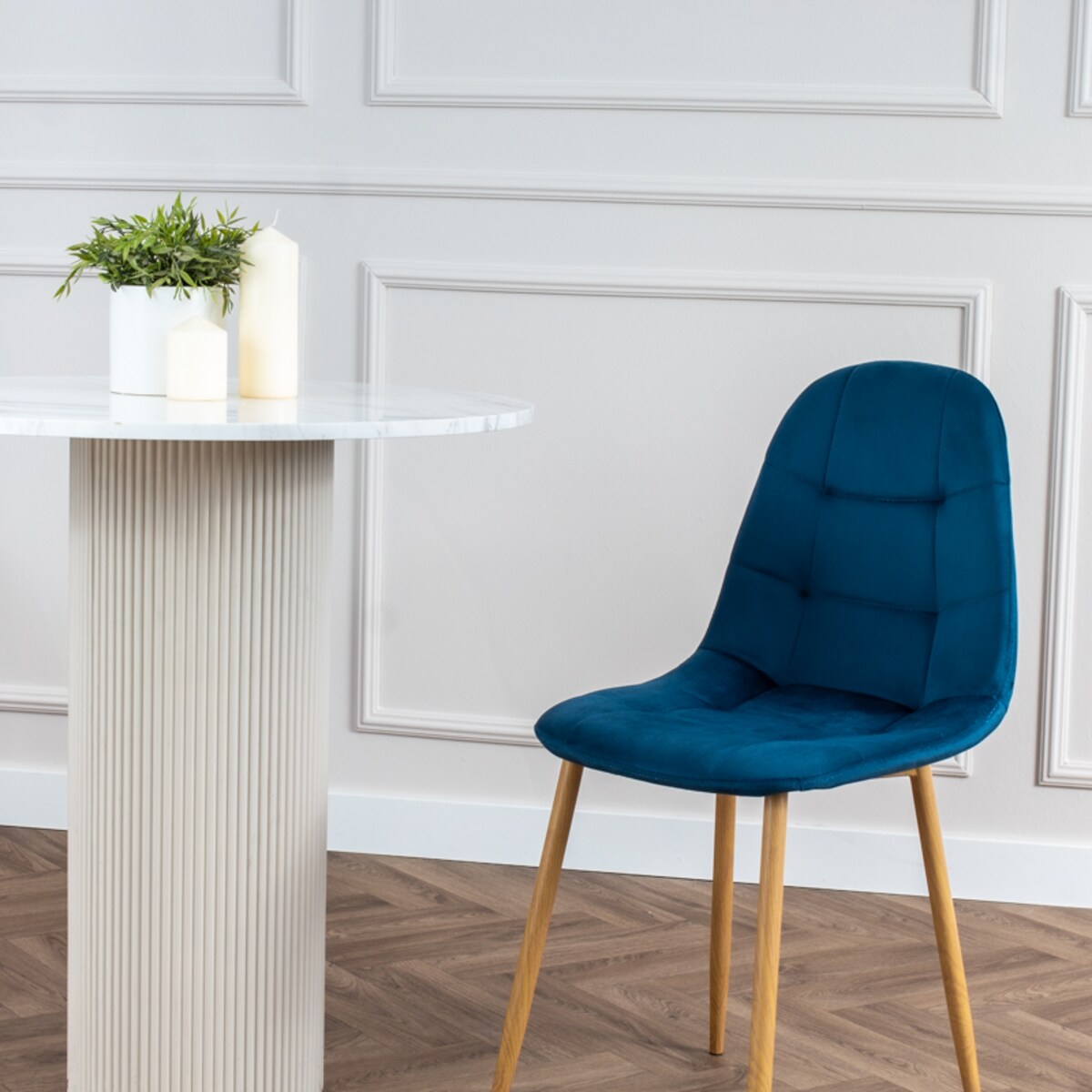 Krzesło tapicerowane do salonu jadalni welurowe granatowe pikowane
