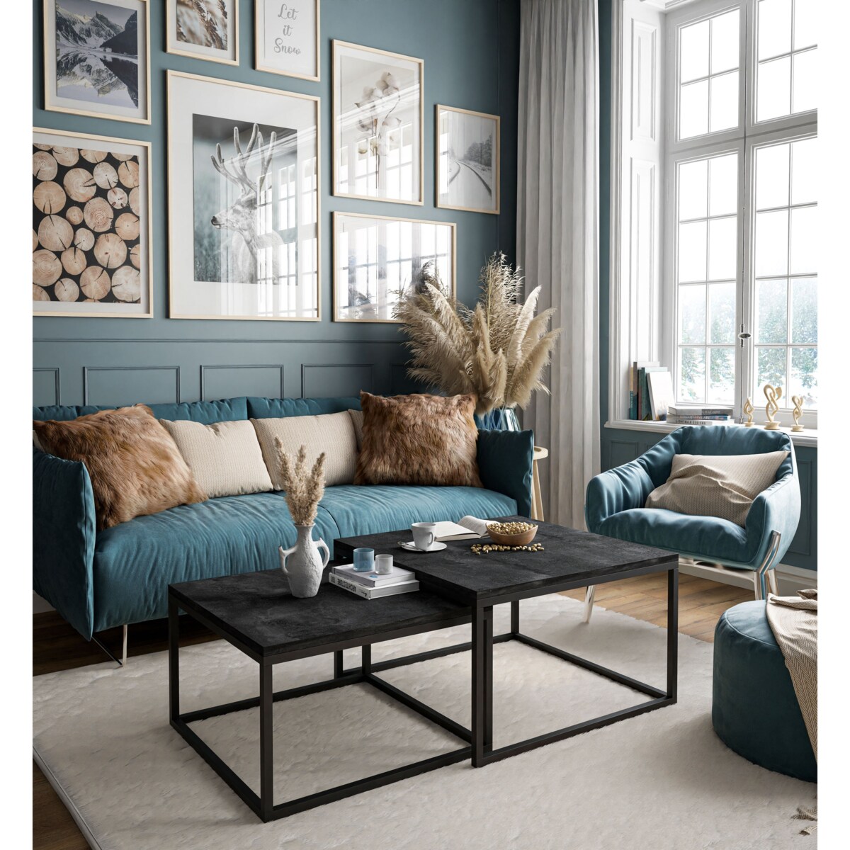 Stolik kawowy ława YOSHI 2w1 czarny ciemny beton 40/46 cm