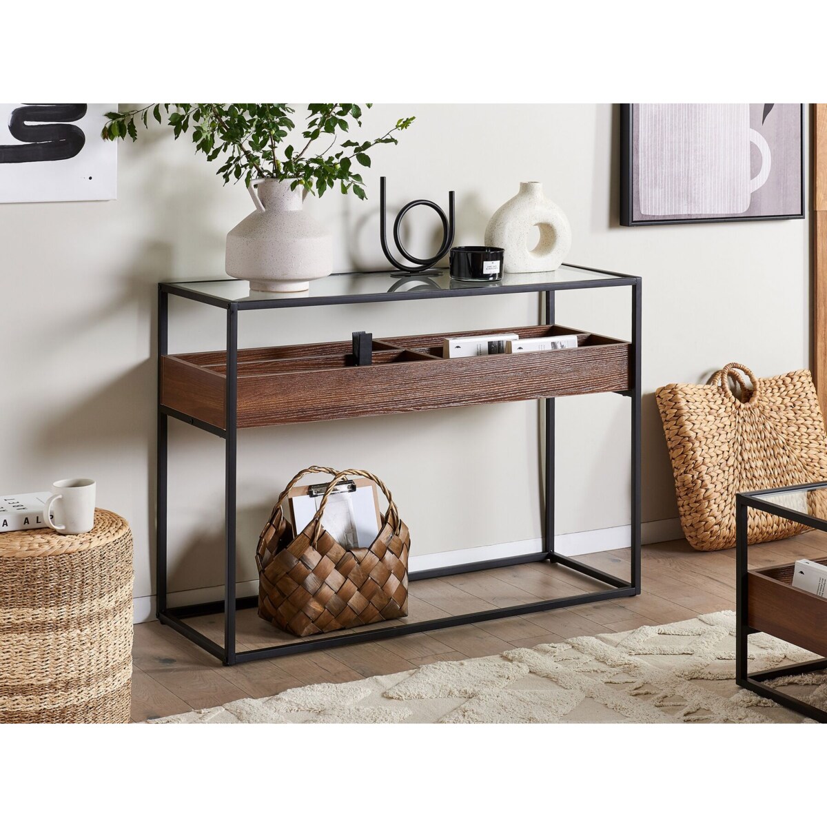 Konsola szklana ciemne drewno z czarnym WACO