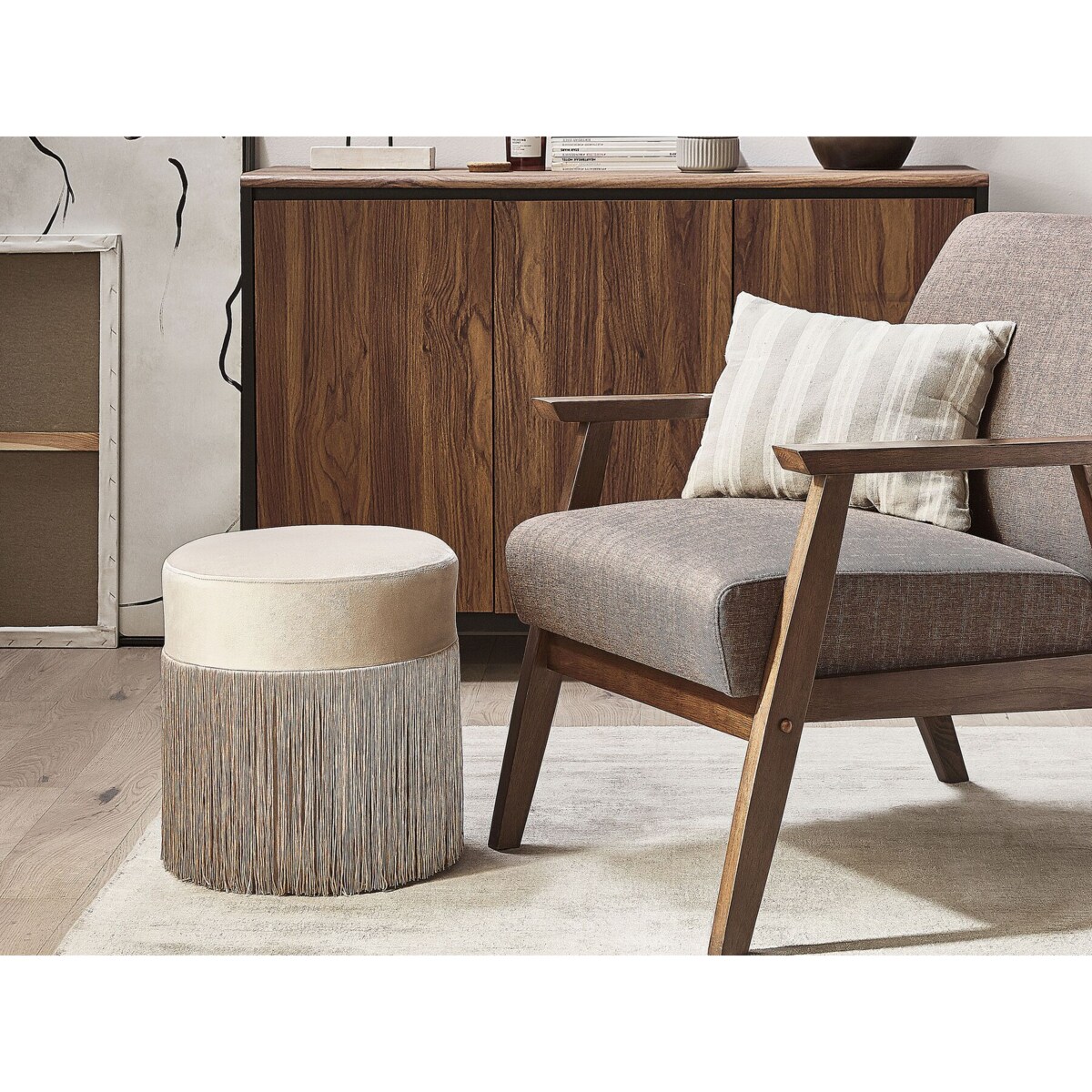 Puf z frędzlami ⌀ 36 cm beżowoszary VIRGINIA