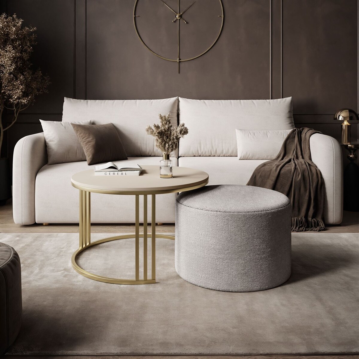 Stolik kawowy z pufą LORI MAT złoto szczotkowane, kaszmir mat / Perfect Harmony 82