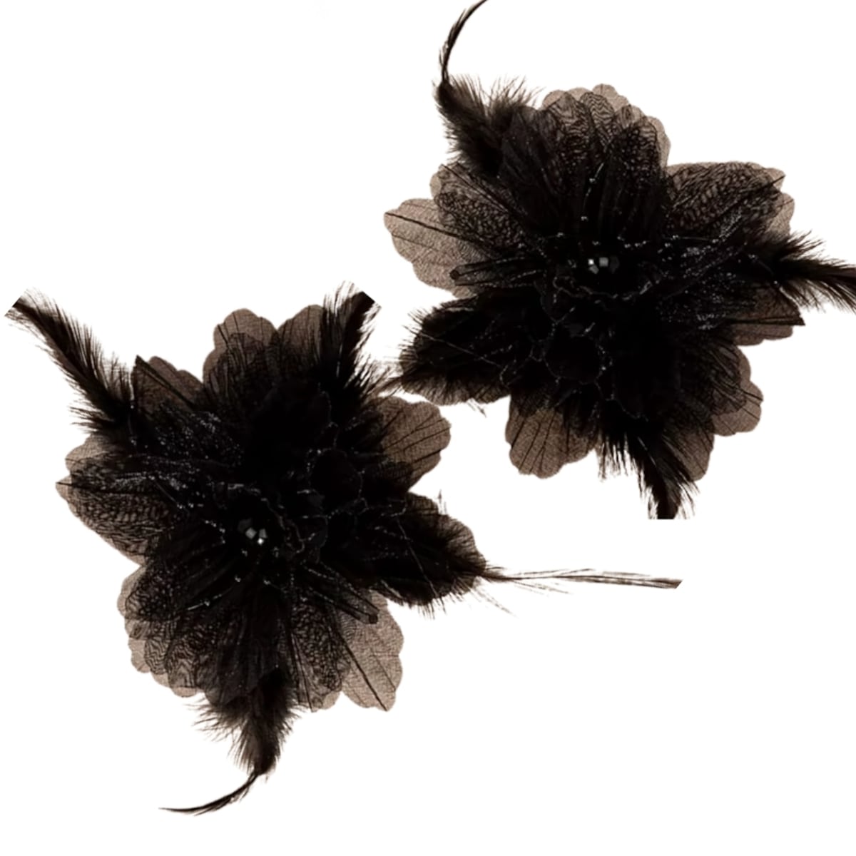 Duże XXL kolczyki z kwiatami i piórkami koraliki MATERIAŁOWE czarne 3D