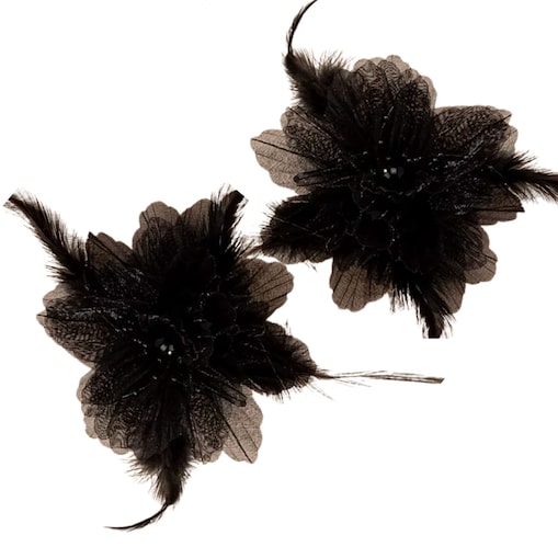 Duże XXL kolczyki z kwiatami i piórkami koraliki MATERIAŁOWE czarne 3D