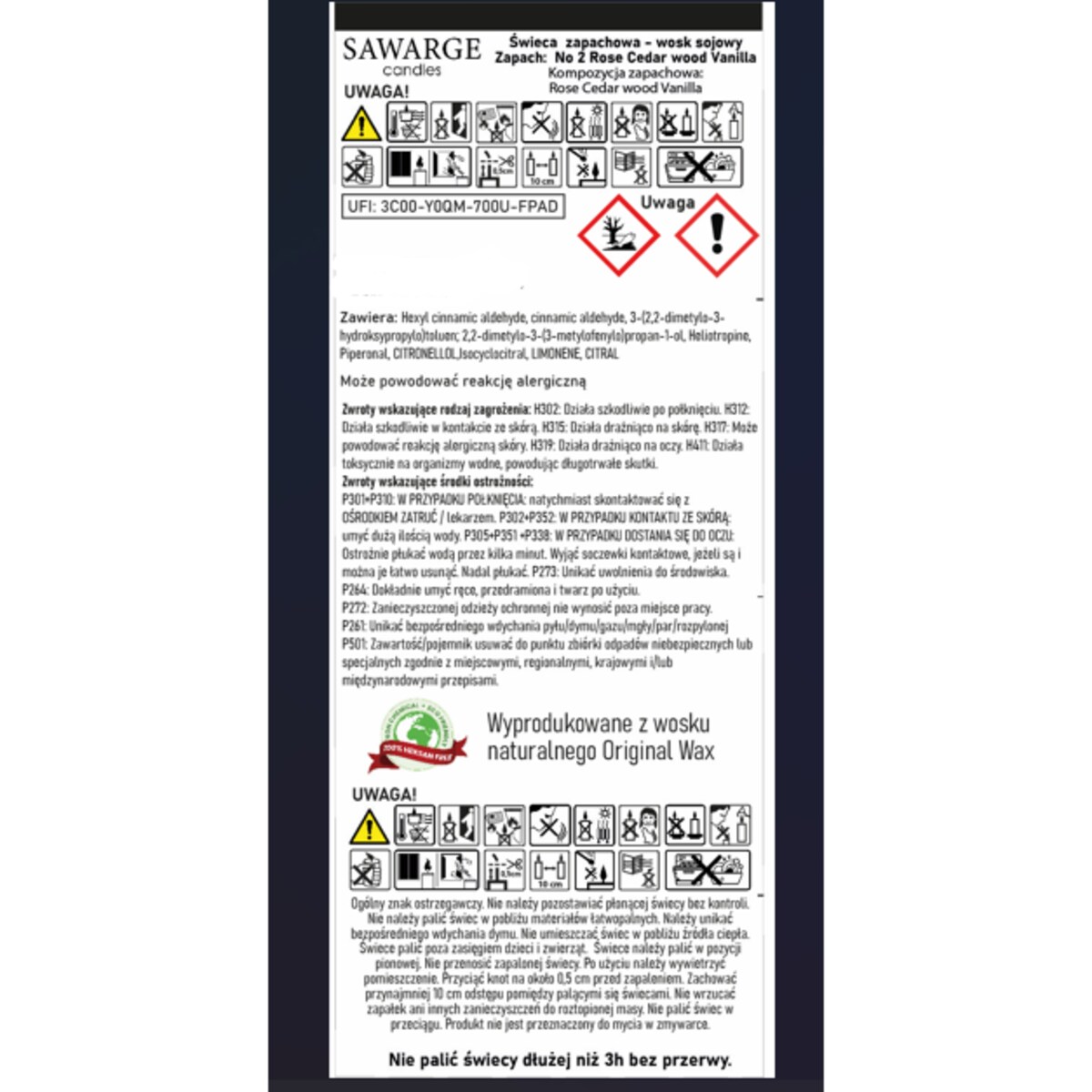 Świeca Zapachowa Sojowa No2 / 70h/Wanilia Róża Drzewo Cedrowe 800g