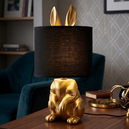 Lampa stołowa Rabbit, kolor złoty i czarny, żywica syntetyczna i żelazo, 20 x 20 x 43 cm, 1 x E27, max. 40 W, motyw: królik, Mauro Ferretti