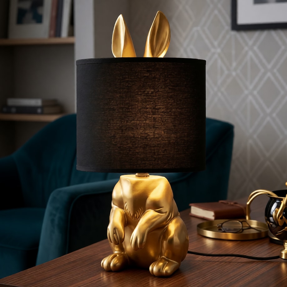 Lampa stołowa Rabbit, kolor złoty i czarny, żywica syntetyczna i żelazo, 20 x 20 x 43 cm, 1 x E27, max. 40 W, motyw: królik, Mauro Ferretti