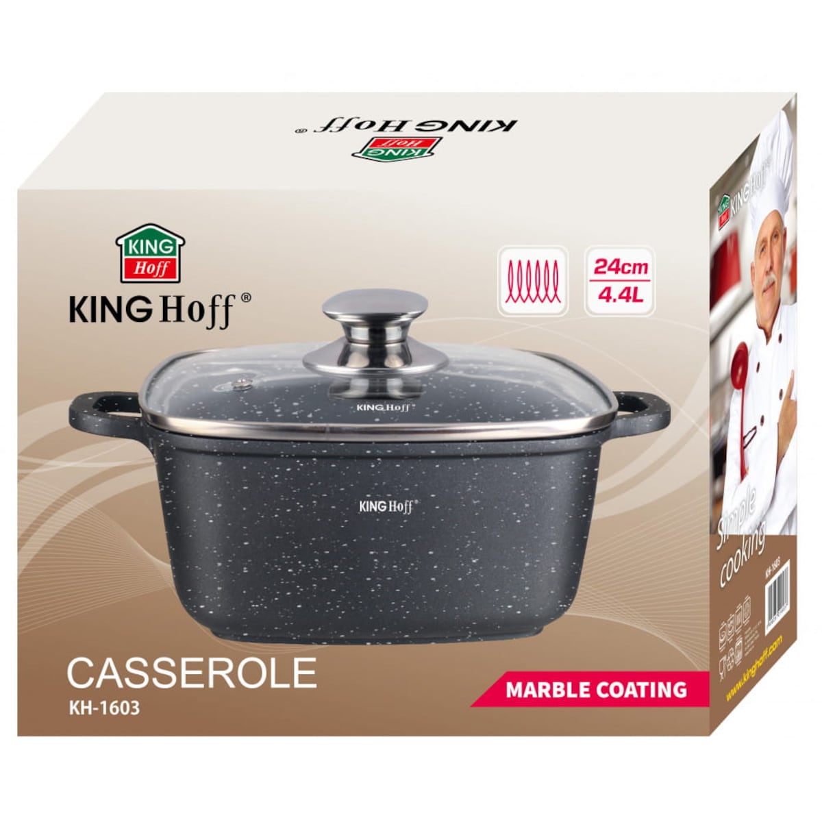 Garnek kwadratowy Z powłoką marmurową 4.5L 24cm indukcja gaz KINGHOFF