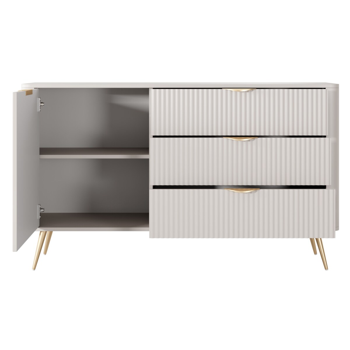 Komoda mała ryflowana D3S LENA beżowa na złotych nóżkach