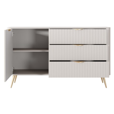 Komoda mała ryflowana D3S LENA beżowa na złotych nóżkach