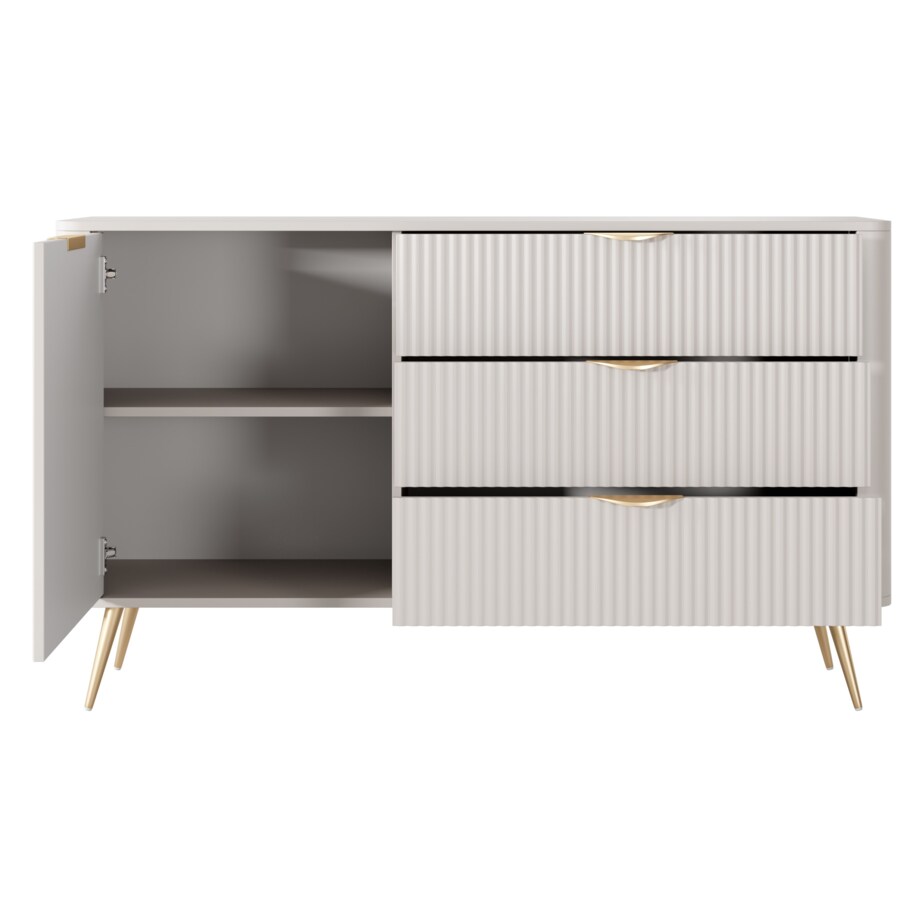 Komoda mała ryflowana D3S LENA beżowa na złotych nóżkach