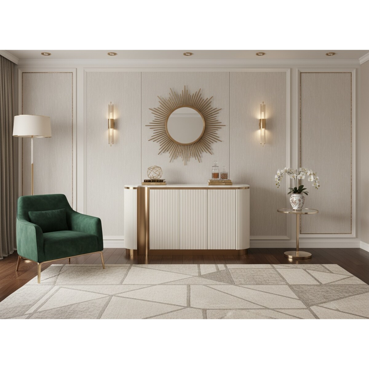 Ryflowana komoda biała złota Nutris Glamour Premium z blatem marmurowym 158x40x88