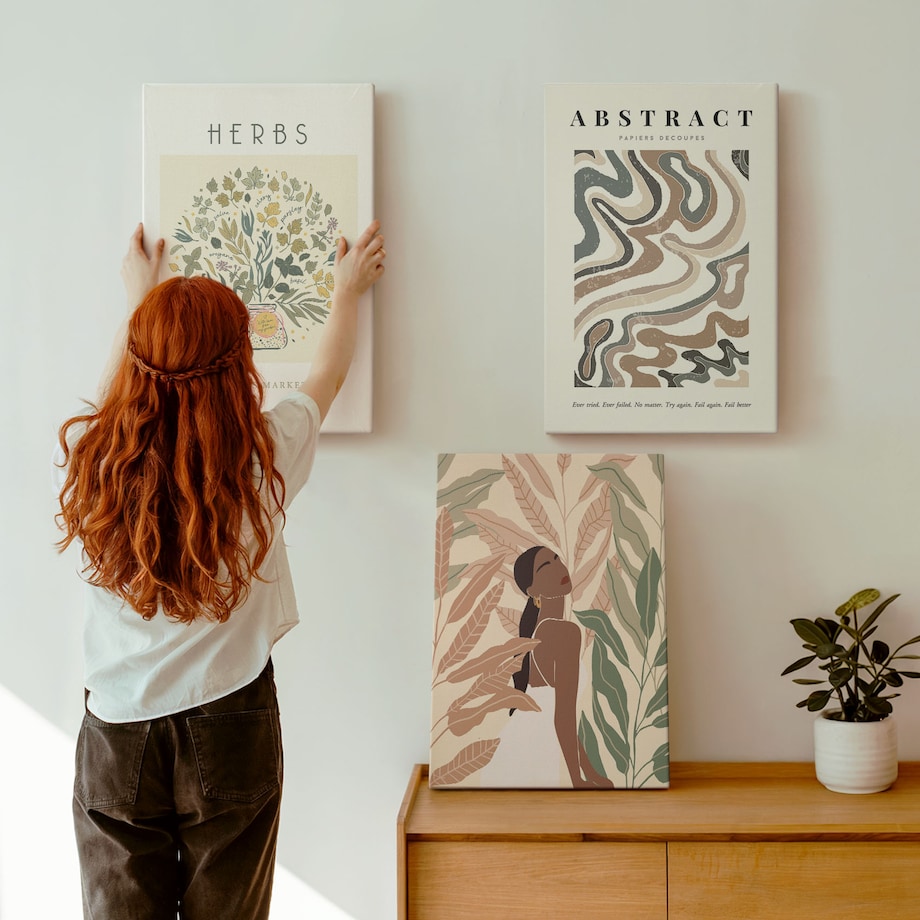 Zestaw 3 dużych obrazów na płótnie - Boho pastelowe plakaty minimalistyczne boho - beżowy