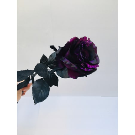 ŁODYGA RÓŻA Z BROKATEM fioletowo czarna liść do flakonu święta bukietu 65cm