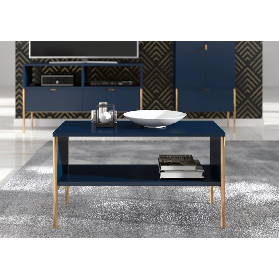 Elegancki granatowy stolik kawowy Skandica POLKA na złotych nóżkach