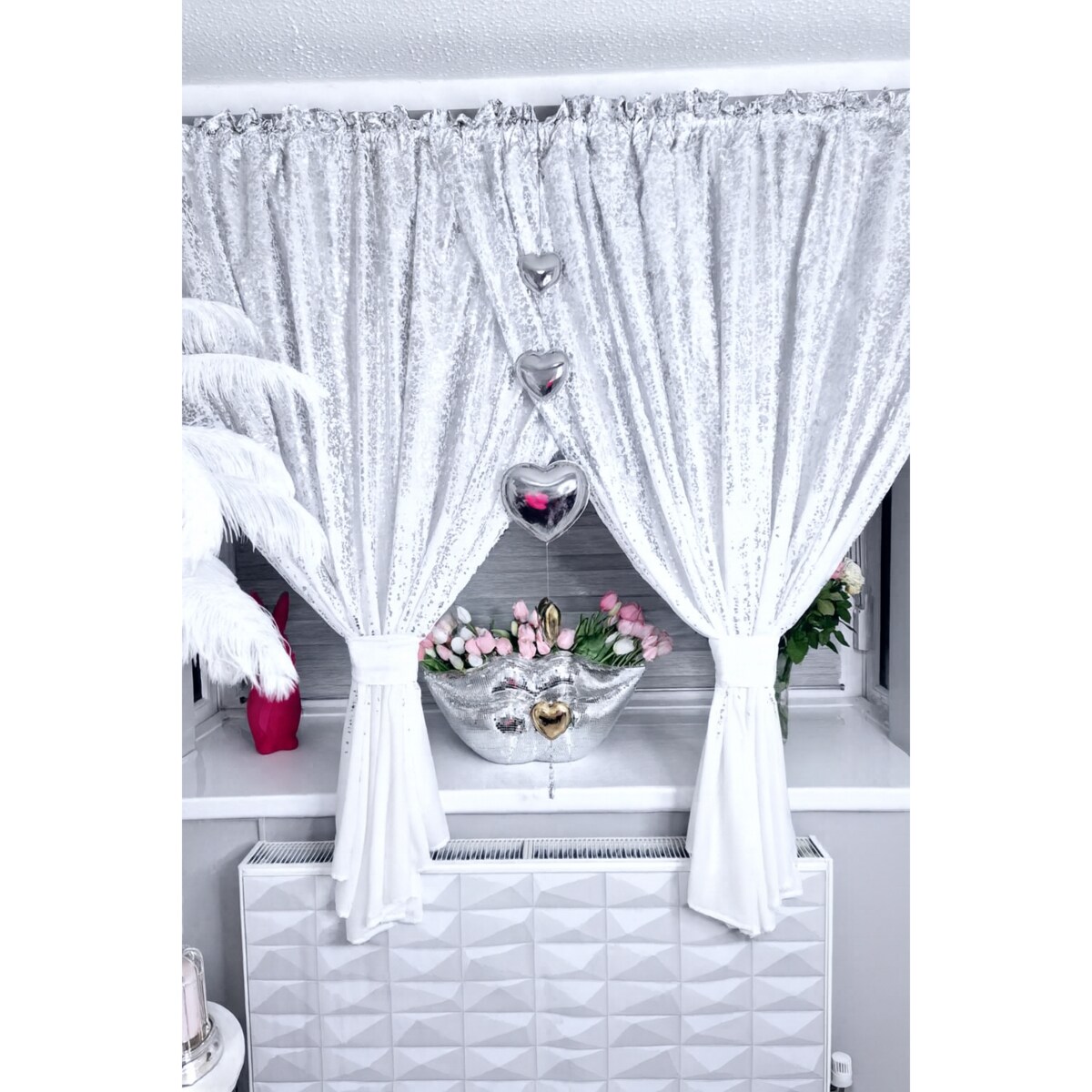 firana zakładana "srebrny deszcz" ze srebrnym printem 400x160 | biały