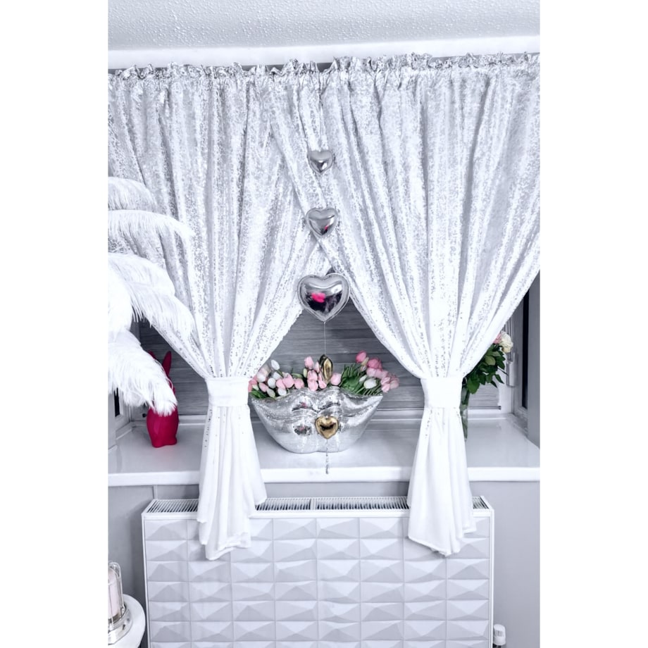 firana zakładana "srebrny deszcz" ze srebrnym printem 400x160 | biały
