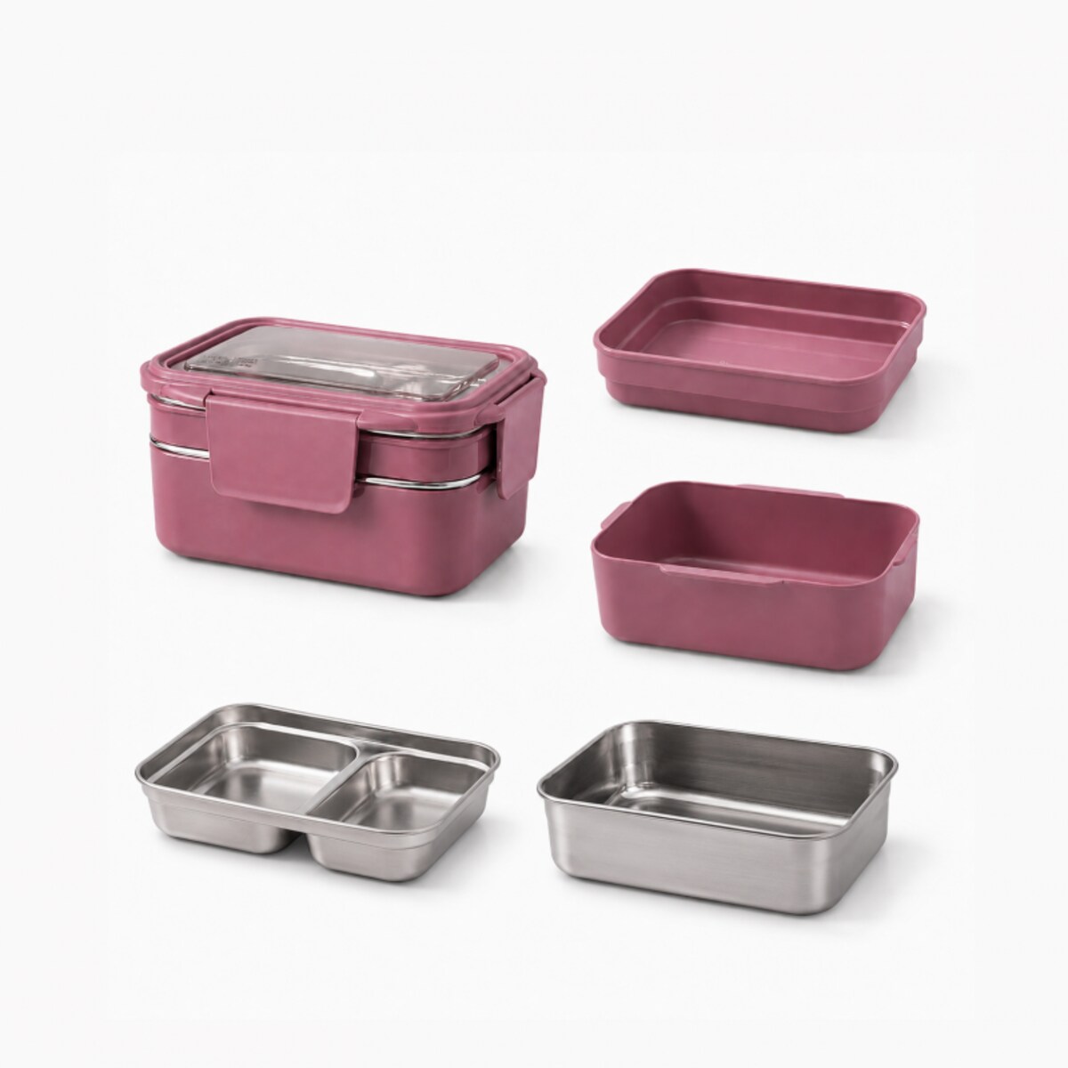 Śniadaniówka LUNCH BOX z widelcem, stal nierdzewna, 2 poziomy, ciemny róż PJM50CR