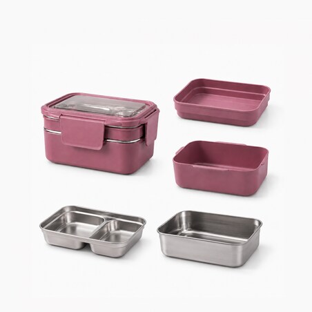 Śniadaniówka LUNCH BOX z widelcem, stal nierdzewna, 2 poziomy, ciemny róż PJM50CR