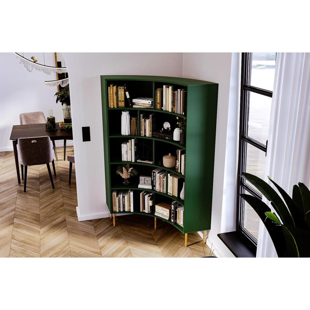 Nowoczesny narożny regał na książki Skandica HORN ze złotymi nogami / zielony