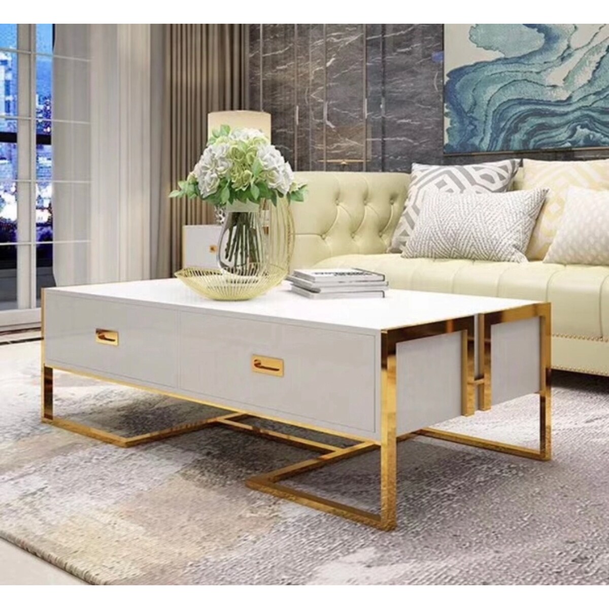 Nowoczesny złoty stolik kawowy biały z szyfladami nowojorski / ława Exclusive White Premium 130x70x42 glamour