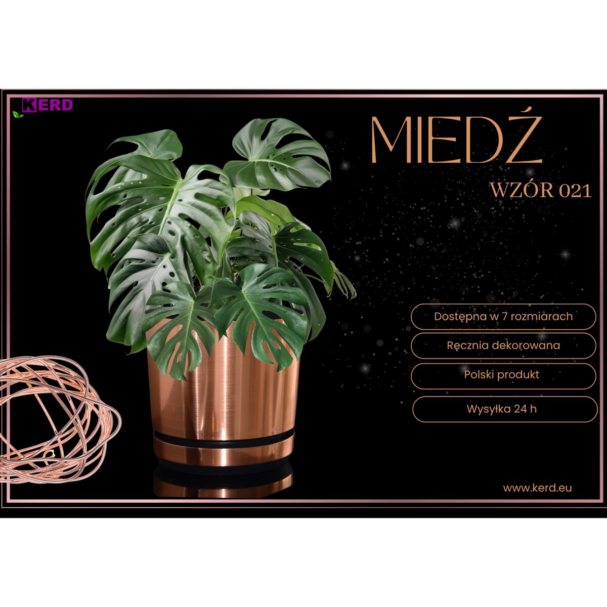 26 cm wzór MIEDŹ Doniczka z podstawką glamour elegancka nowoczesna industrialna loft miedziany efekt metalu