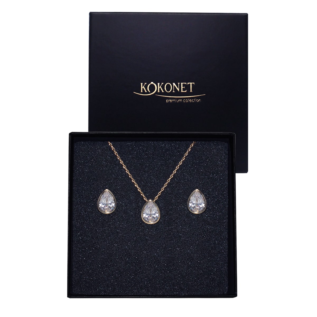 KOMPLET naszyjnik kolczyki z ŁEZKAMI złoty ślub OKAZJĘ rocznicę pudełko