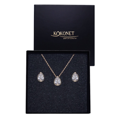 KOMPLET naszyjnik kolczyki z ŁEZKAMI złoty ślub OKAZJĘ rocznicę pudełko