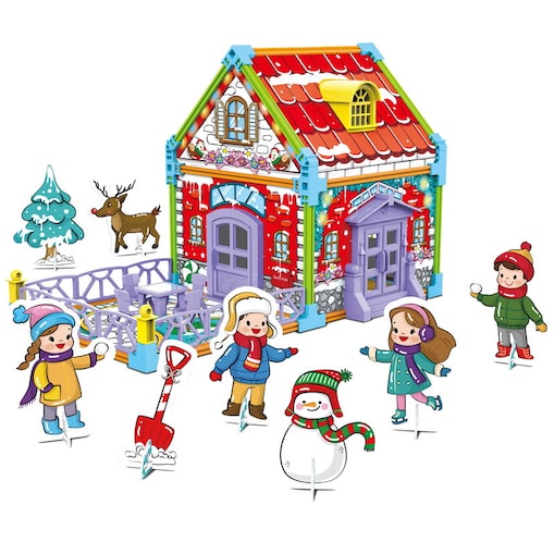 Dwustronny domek do składania i kolorowania - Zimowa chatka