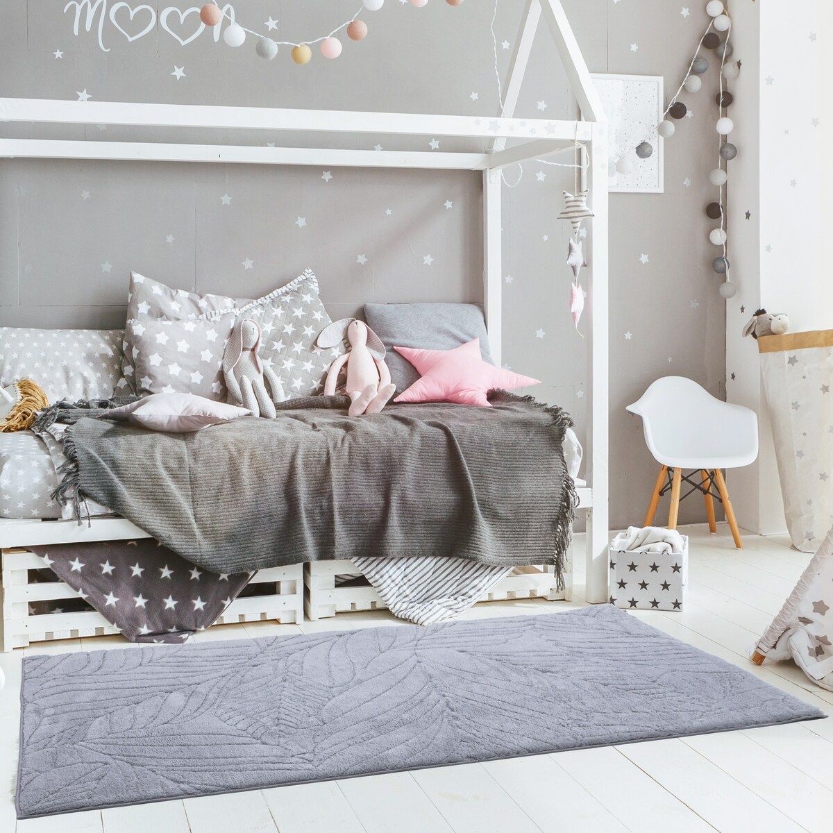 Dywan pluszowy Botanic Liście 80x150 cm e-floor Liście OEKO-TEX szary