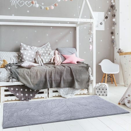 Dywan pluszowy Botanic Liście 80x150 cm e-floor Liście OEKO-TEX szary