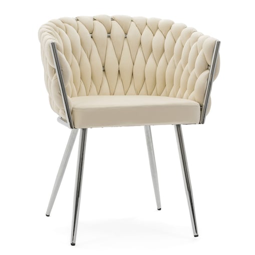 KRZESŁO GLAMOUR DO SALONU PLECIONE OPARCIE BEŻOWE SREBRNE NOGI WLUROWE