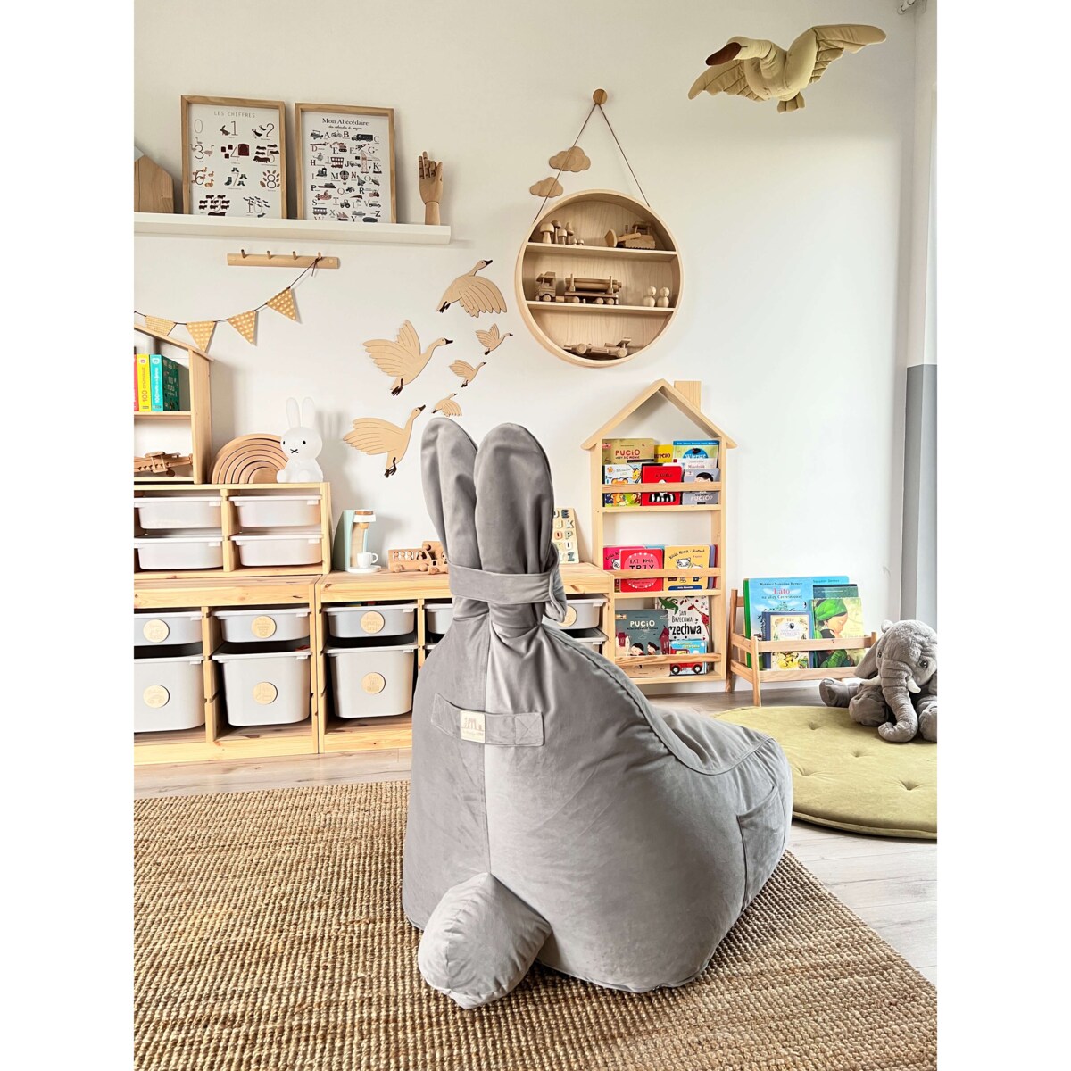 PUF FUNNY BUNNY WELUR JASNY SZARY