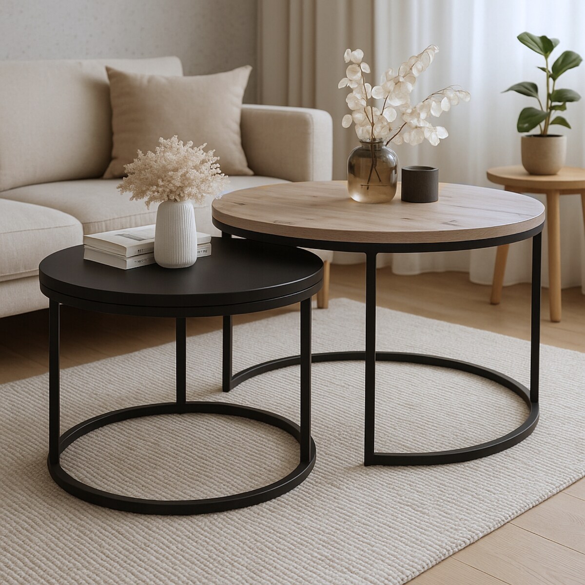 Stolik Kawowy Do Salonu LOFT 2w1 DĄB ARTISAN + CZARNY Okrągły Zestaw