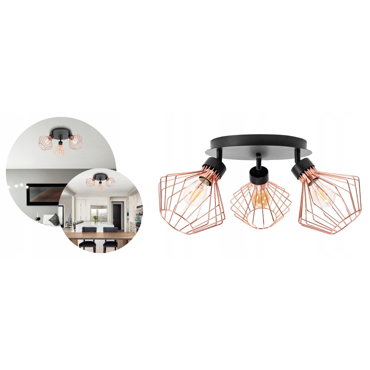 Lampa Potrójna Metalowa Loft Plafon Czarna Rose