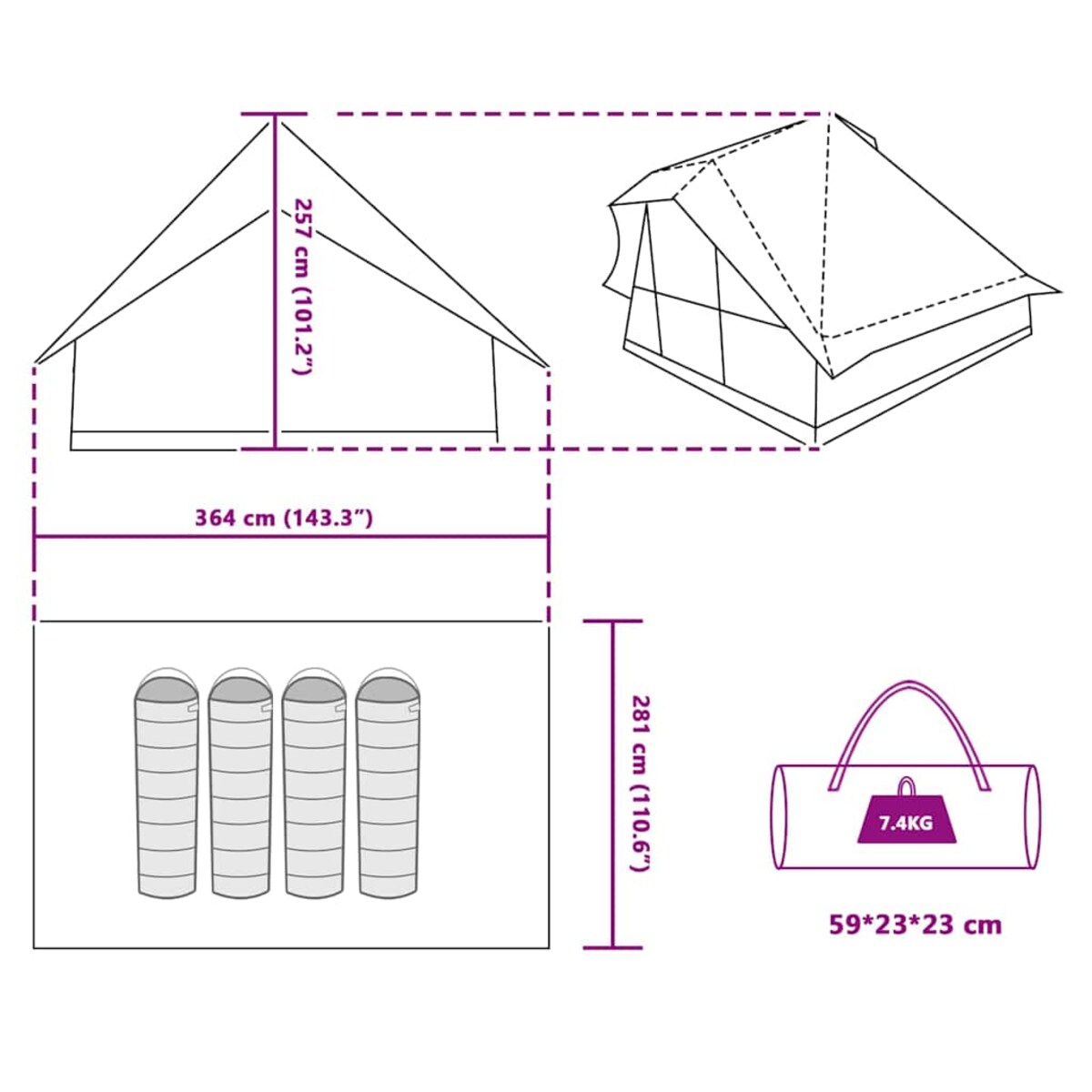 vidaXL Rodzinny namiot tipi z dachem Niebieski 364 x 281 x 257 cm