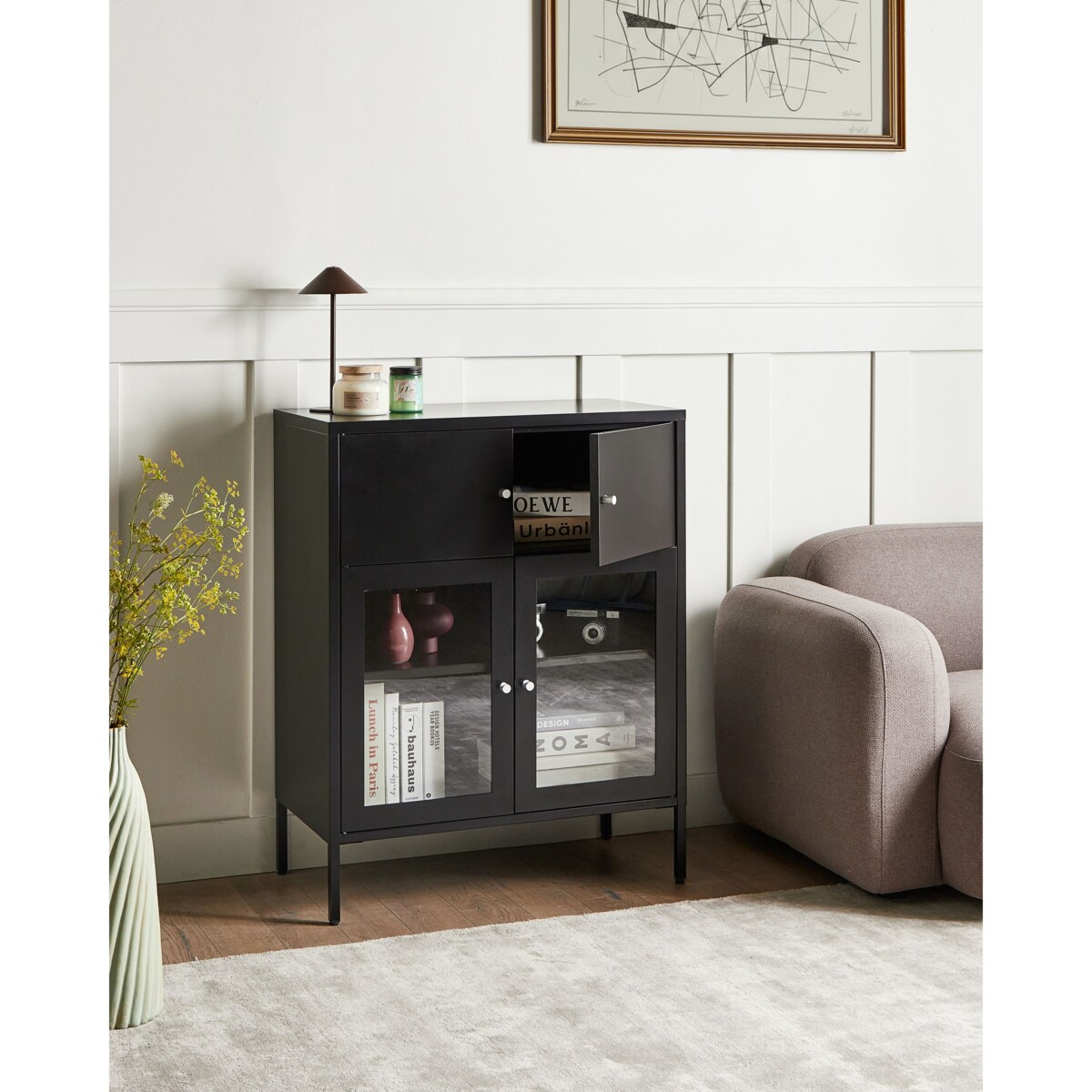 Szafka ze szklanymi drzwiami ESHOLT Metal 80 cm Czarny