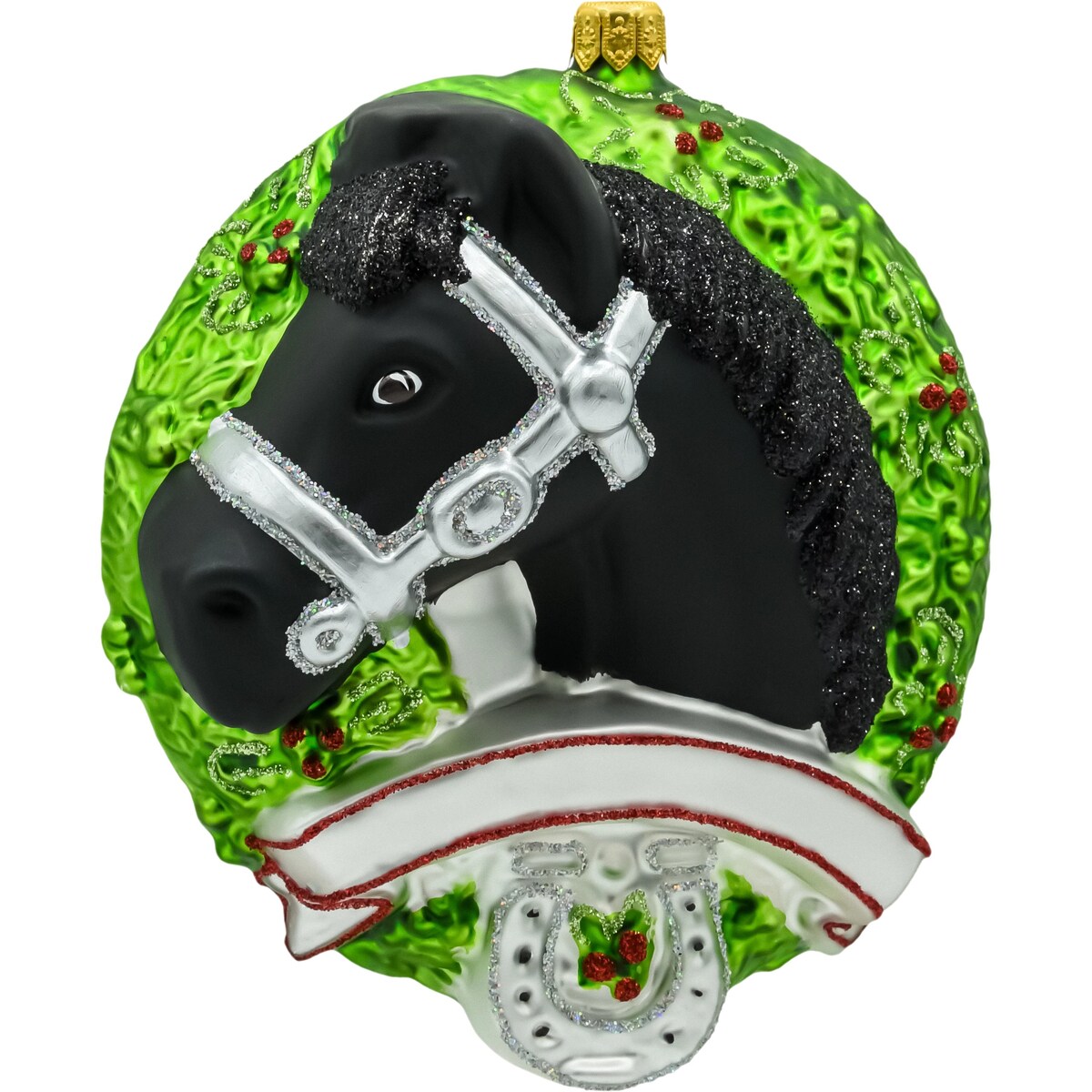 Bombka choinkowa: Koń fryzyjski w wieńcu