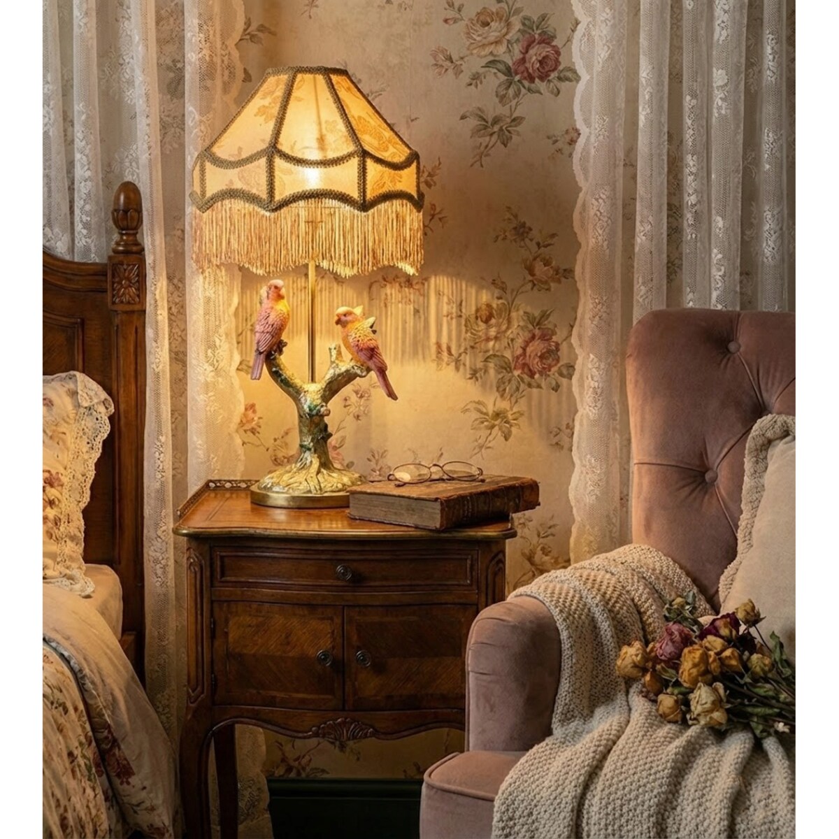 LAMPA STOŁOWA BIURKOWA NOCNA PAPUGA PTAKI 44cm E27 DO SALONU DOMU GLAMOUR