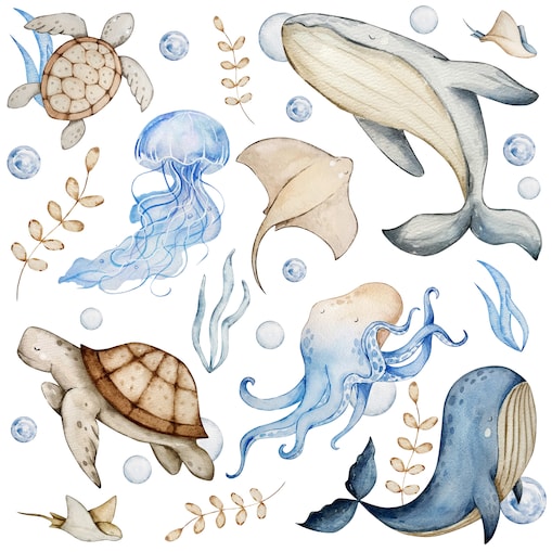 Naklejki Dla Dzieci Morskie Zwierzęta Wieloryby Ośmiornice Płaszczki ZESTAW 60x30cm