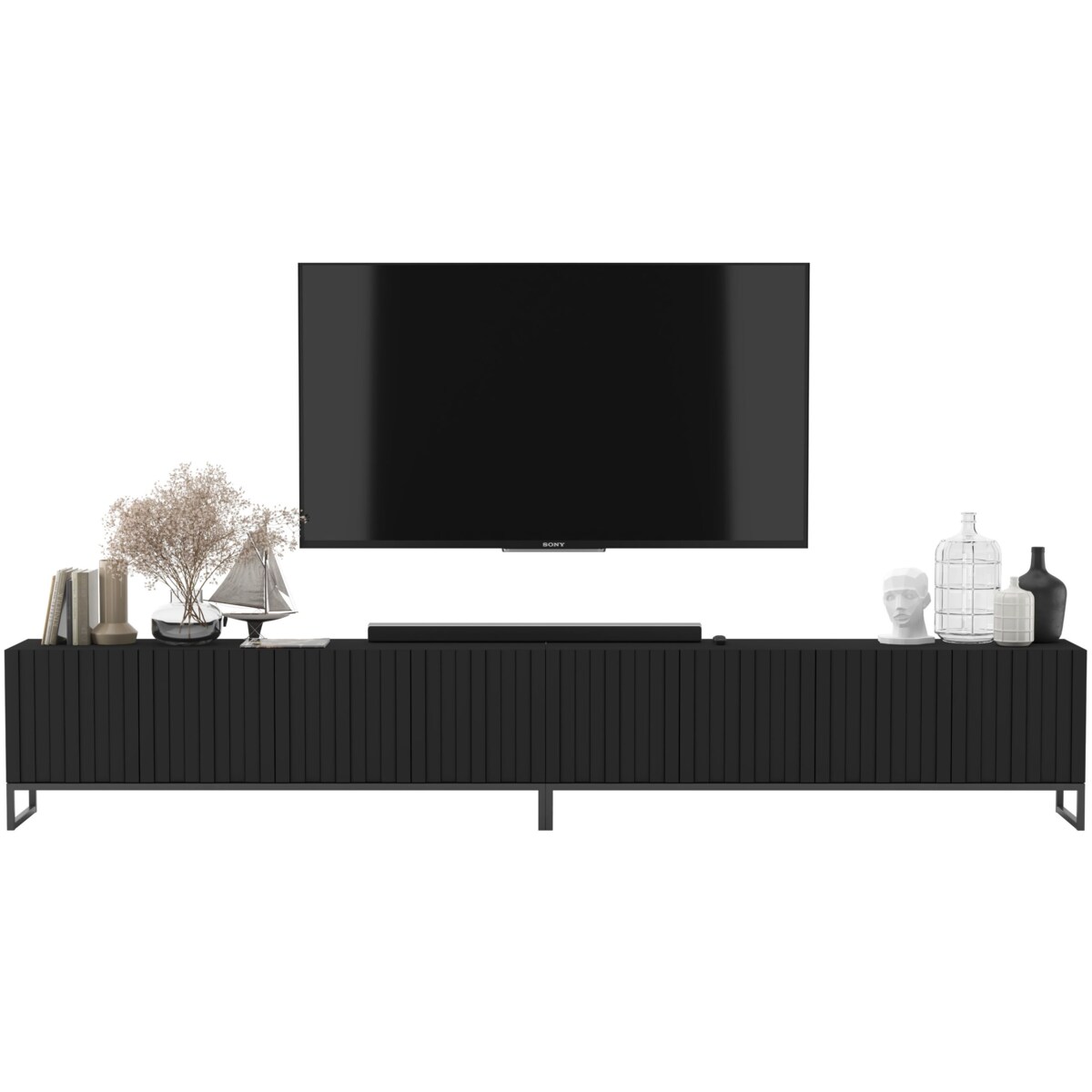 Komoda RTV Loft Nowoczesna Szafka RTV Czarny Mat Glamour Ryflowane Fronty 300 cm