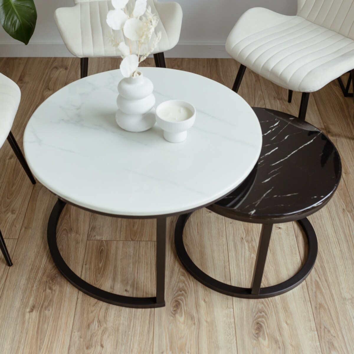 Stolik kawowy okrągły 2w1 czarny marmur zestaw 2 stolików kawowych glamour