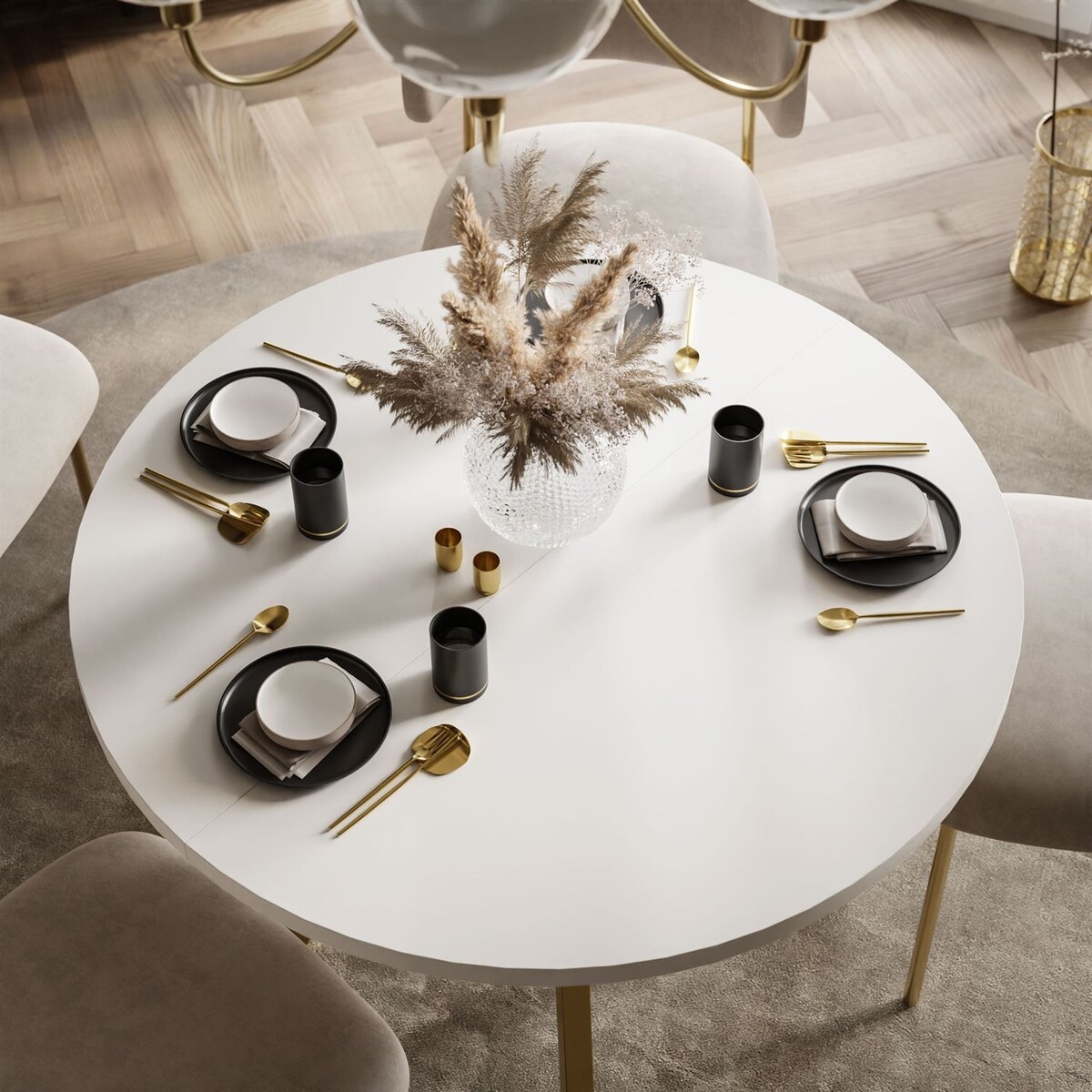 Okrągły stół rozkładany VOLTA MATT, nogi złoty, blat biały
