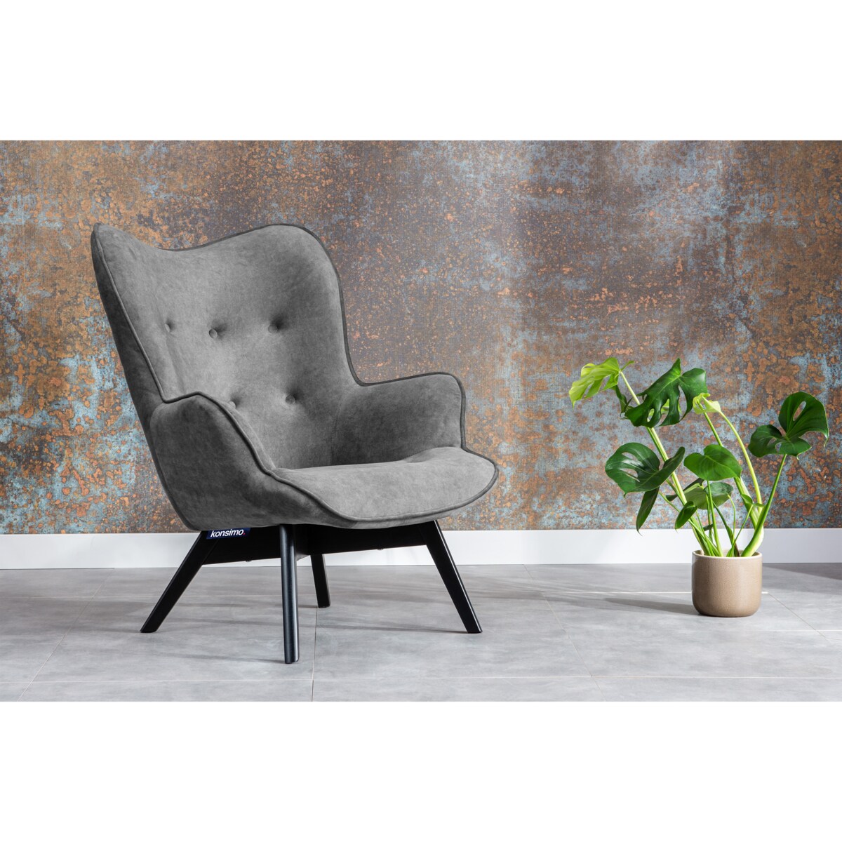 KONSIMO GLORI Fotel relaksacyjny welur z pikowaniem jasnoszary