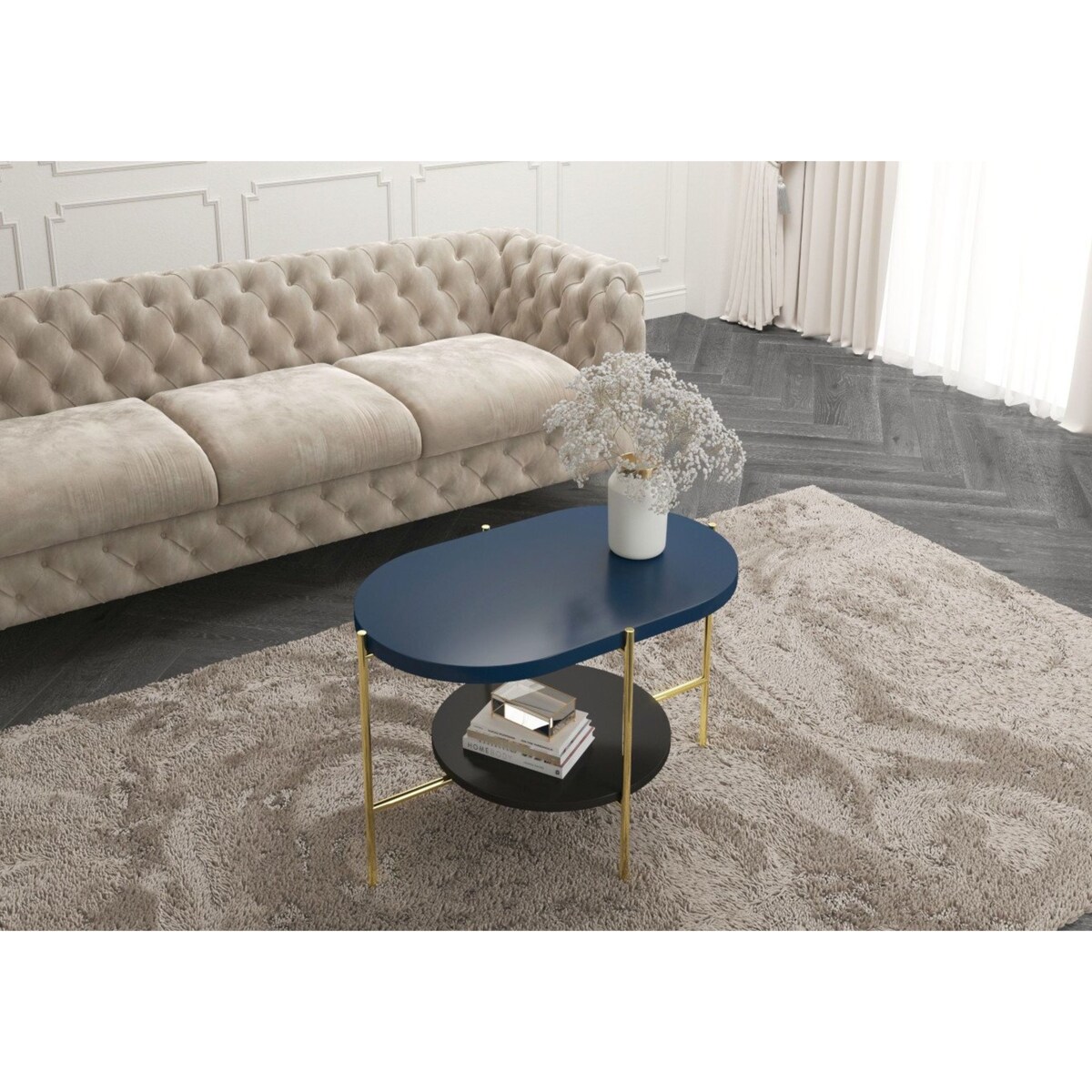 Nowoczesny stolik kawowy Dancan ARENA / złota podstawa + granatowy i czarny blat