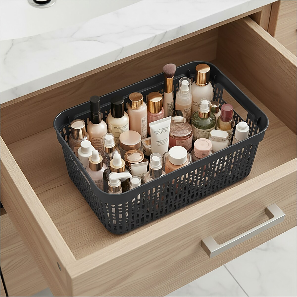 5X Koszyk Koszyczek Ażurowy Plastikowy Na Kosmetyki Do Łazienki Pojemnik Z Pokrywką Zamykany Z Dziurkami Szary Zestaw